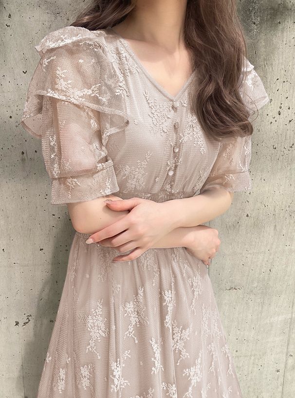 日本 GRL - 浪漫花刺繡薄紗短袖洋裝-星塵藍