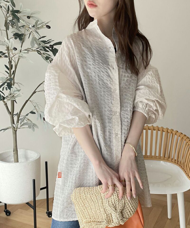 日本 Classical Elf - 2WAY文藝泡泡皺縮短袖上衣-米白