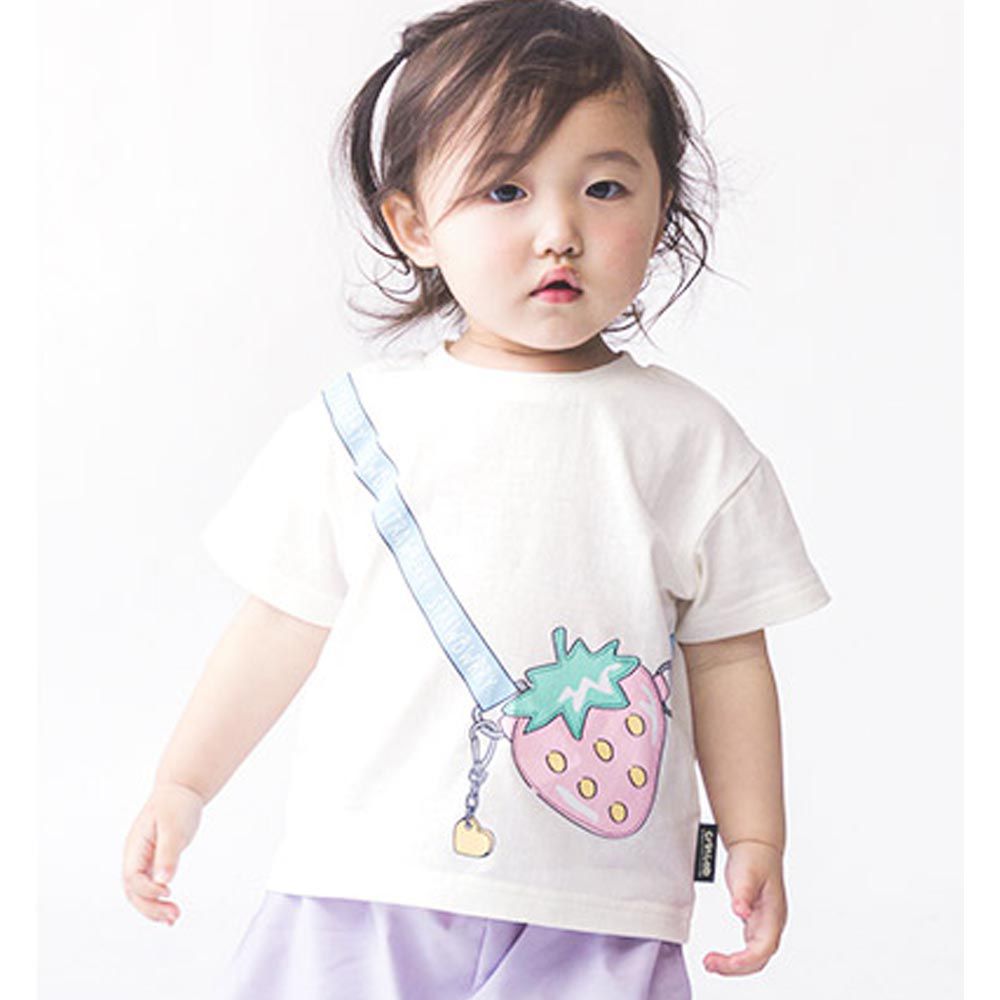 日本 ZOOLAND - 甜美女孩圓領短袖上衣-草莓小包-白色