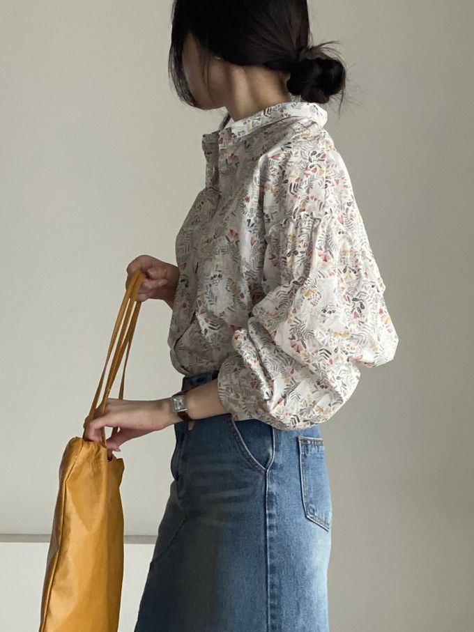 韓國女裝連線 - 花草圖樣翻領拼接長袖襯衫-象牙白 (FREE)