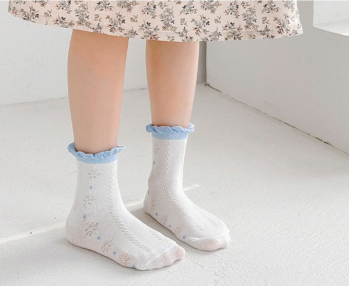 蔚藍蝴蝶結荷葉邊透氣短筒棉襪