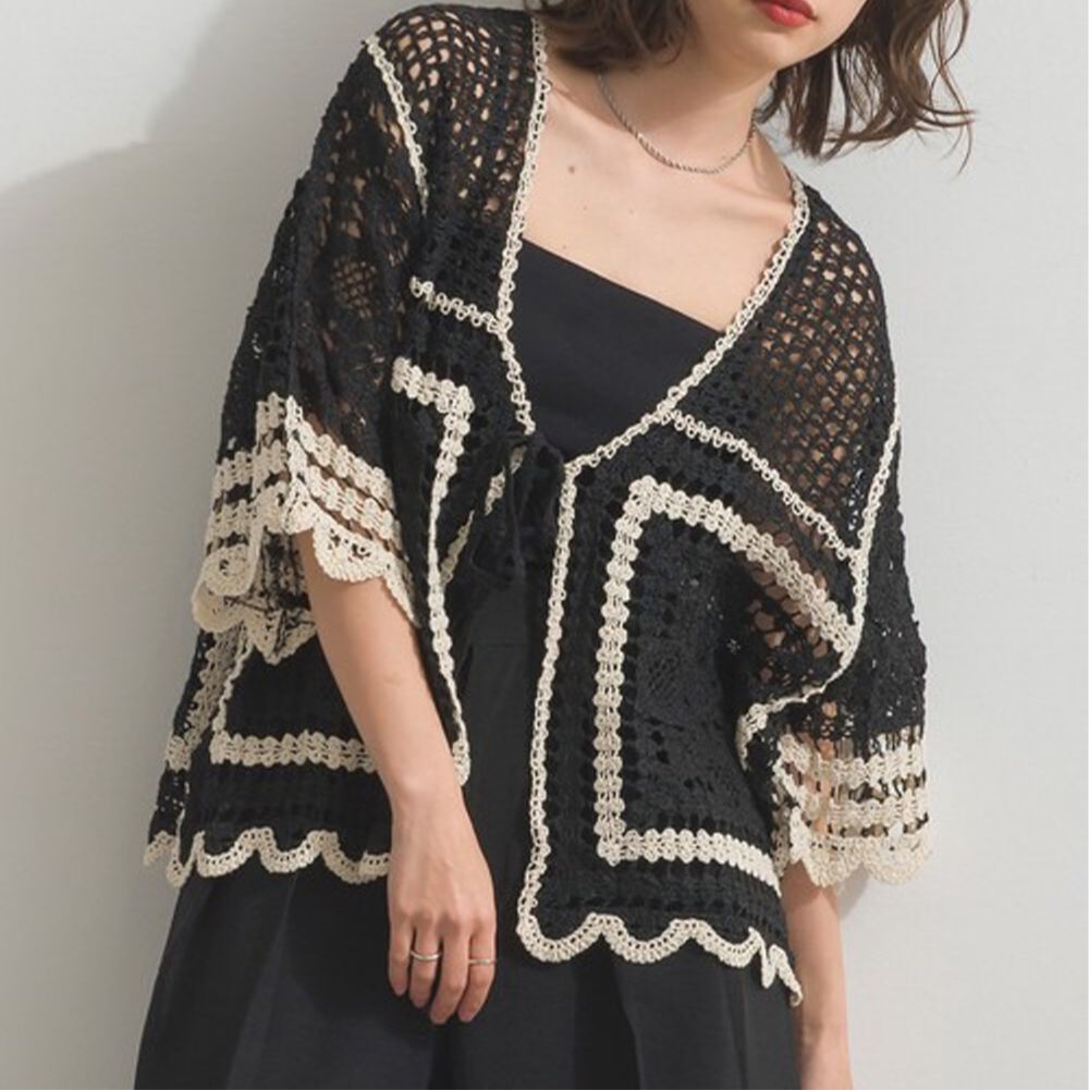 纖細扇形鉤針編織綁帶開襟衫-黑x米