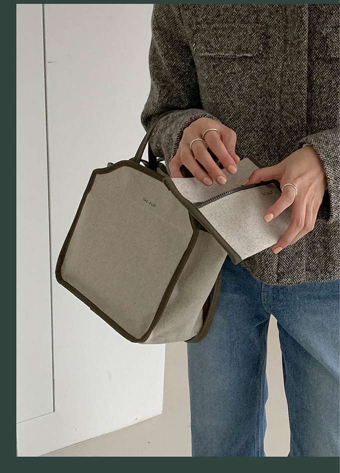 韓國 THEALLY - (附小袋)質挺帆布方包手提/肩背包-軍綠 (中)