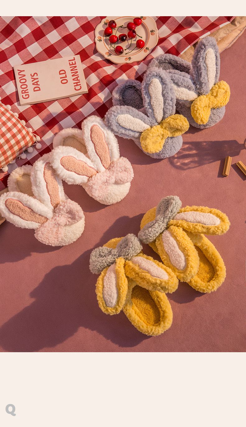 毛毛保暖室內拖鞋-蝴蝶結兔耳朵-白色