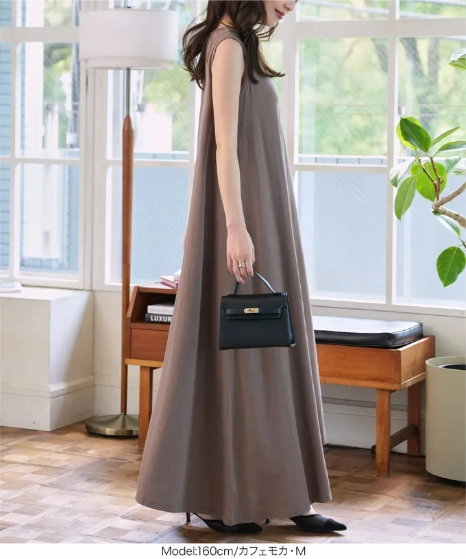 日本 Kobe Lettuce - 抗透汗 優雅A字無袖洋裝(附bra)-摩卡