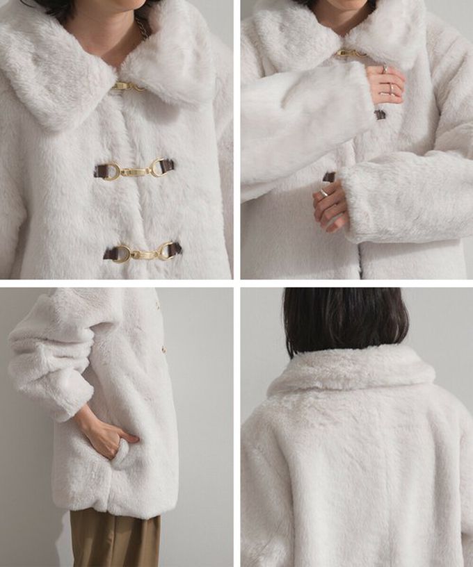 日本 ELENCARE DUE - 魅力金扣柔軟蓬鬆仿毛翻領大衣外套-象牙白