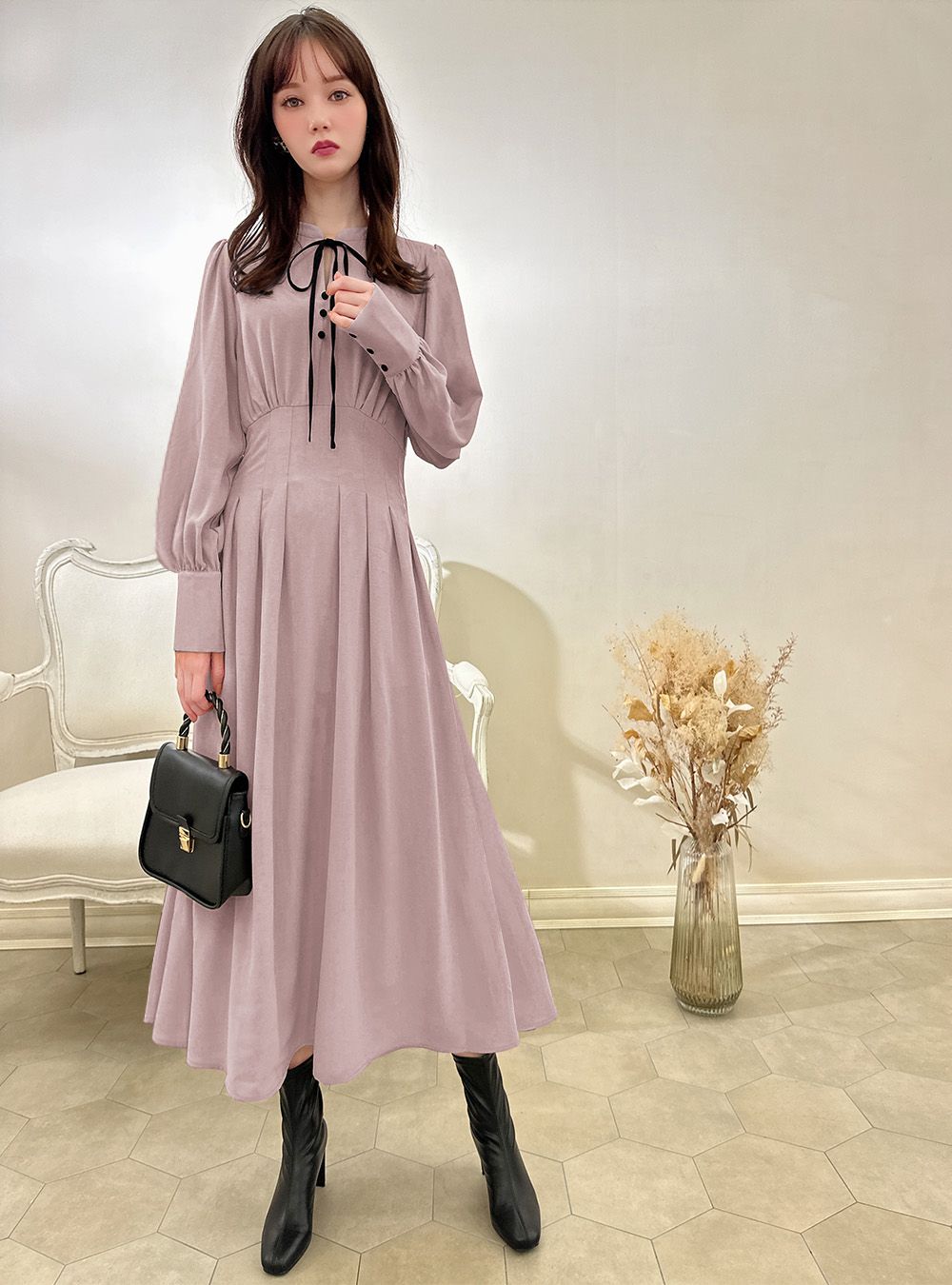 日本 GRL - 黑色下午茶紐結收腰洋裝-香檳粉