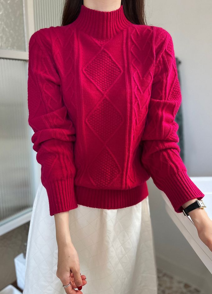 韓國女裝連線 - 立體紋路中領針織長袖上衣-燕麥米 (FREE)