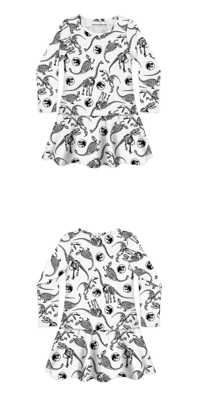 英國 SLEEP NO MORE - 100% 有機棉長袖連身裙-侏儸紀公園/黑白恐龍標本