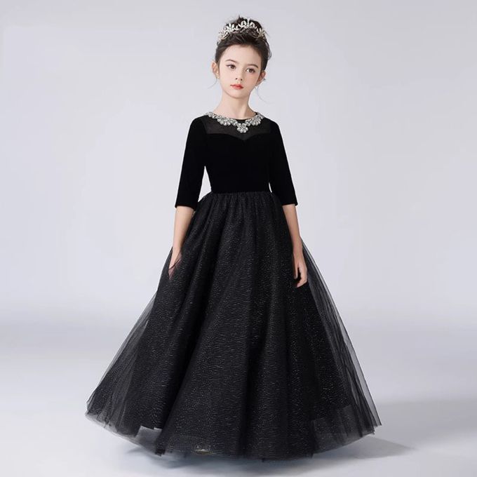 love, charlotte - 赫本風水鑽領口絲絨五分袖撒粉紗裙長禮服 - 黑色