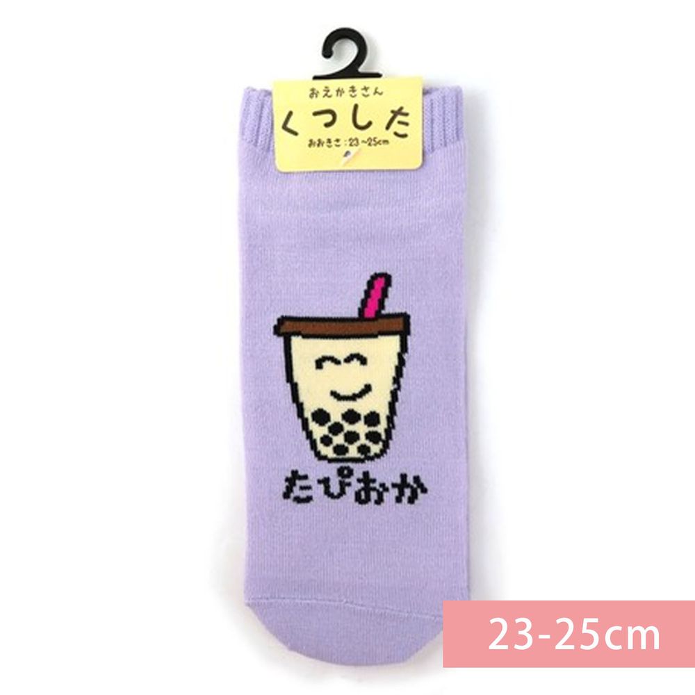 日本 OKUTANI - 童趣日文插畫短襪-珍珠奶茶-紫 (23-25cm)