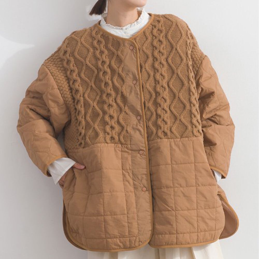 小清新麻花針織絎縫無領外套-焦糖棕