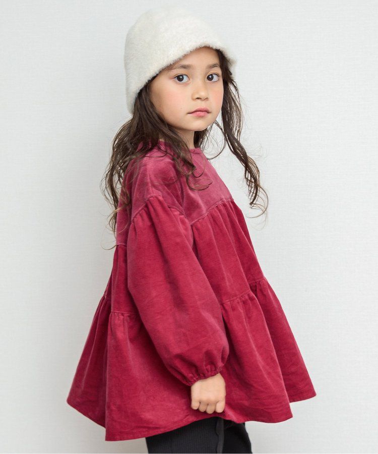 日本 BREEZE - 華美異素材拼接傘狀長袖洋裝-炭黑小花