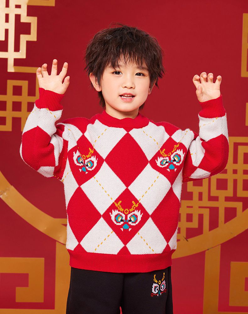 (加絨)喜氣拜年圓領針織長袖毛衣-福氣龍-紅+白