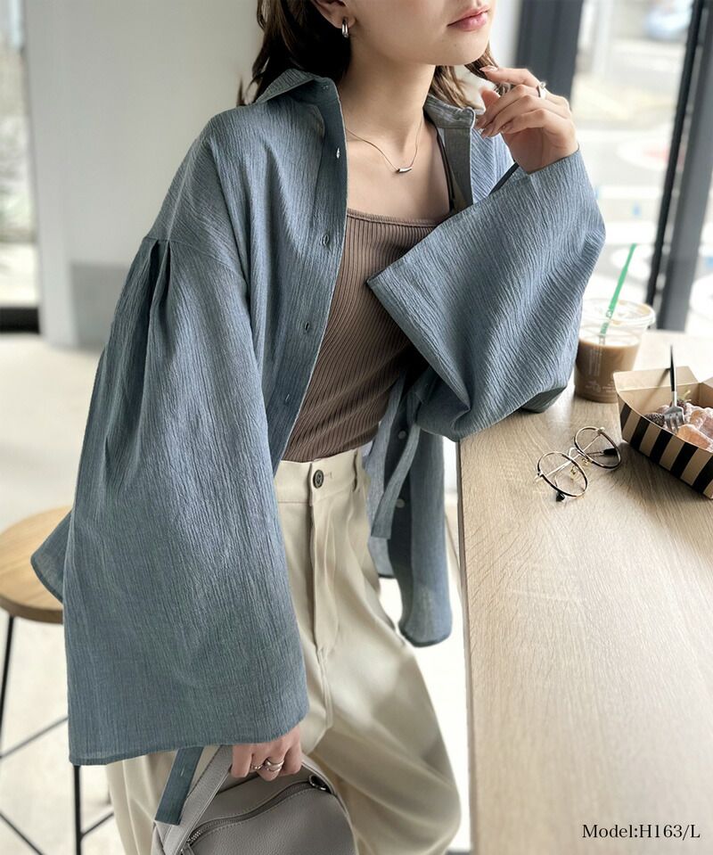 日本 Classical Elf - 氣質微透膚落肩寬袖襯衫-米白