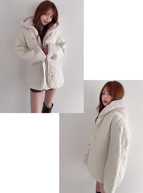 日本 GRL - 毛絨連帽背心x泡泡壓紋鋪棉外套兩件組-米杏 (F)