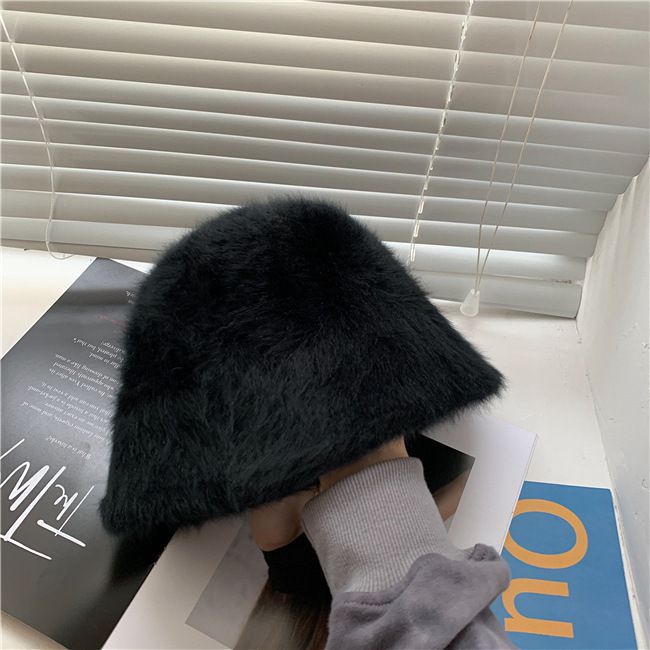 復古百搭絨毛漁夫帽-黑色 (M(56-58cm))