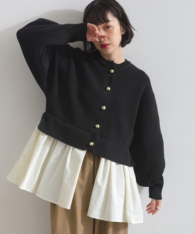 日本 ELENCARE DUE - 羅紋針織美型金扣層次長袖上衣-藍