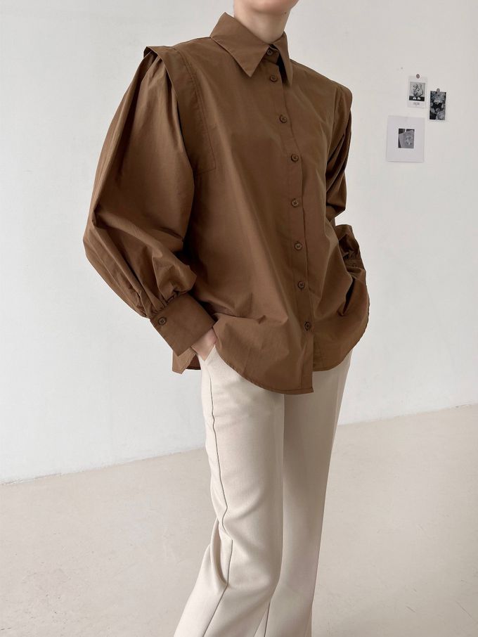 韓國女裝連線 - 知性拼接感長袖襯衫-咖啡 (FREE)