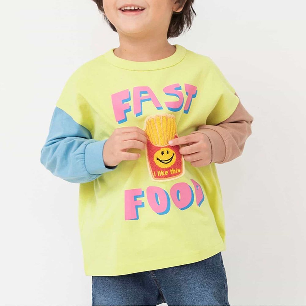 童趣立體刺繡長袖上衣-笑臉薯條-撞色黃