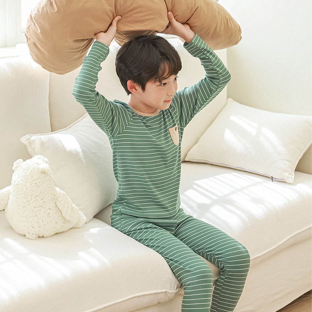 莫代爾親膚羅紋彈力微厚長袖家居服-條紋-綠