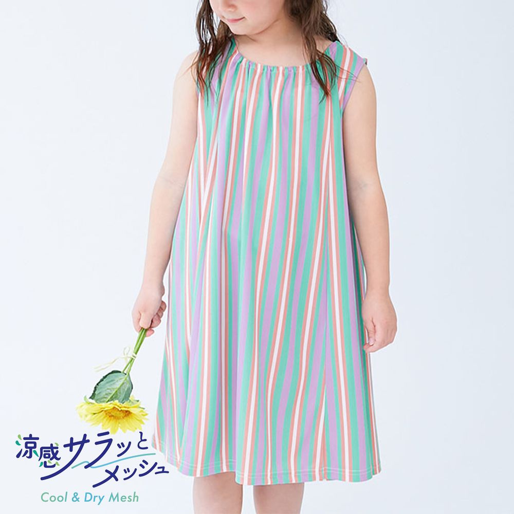 涼感速乾網眼 可愛印花無袖洋裝-直條紋-紫綠系