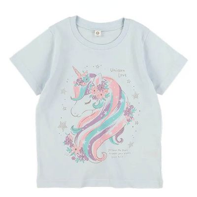 日本西松屋 - 獨角獸印花短袖上衣-水藍