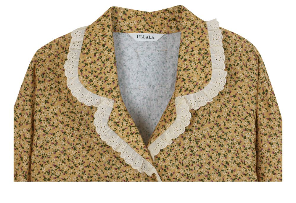 韓國 ULLALA - 活力暖黃碎花長袖睡衣-(兩件式)-黃 (FREE)