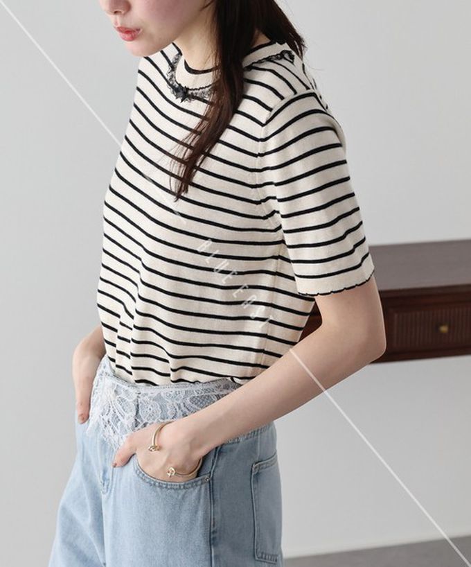 日本 BLUE EAST - 蕾絲蝴蝶結領條紋針織短袖上衣-象牙白