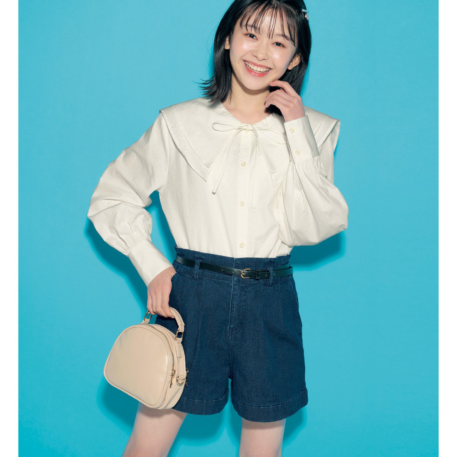 日本 Papel lapiz - 附皮帶腰荷葉邊休閒短褲(腰圍可調)-象牙米