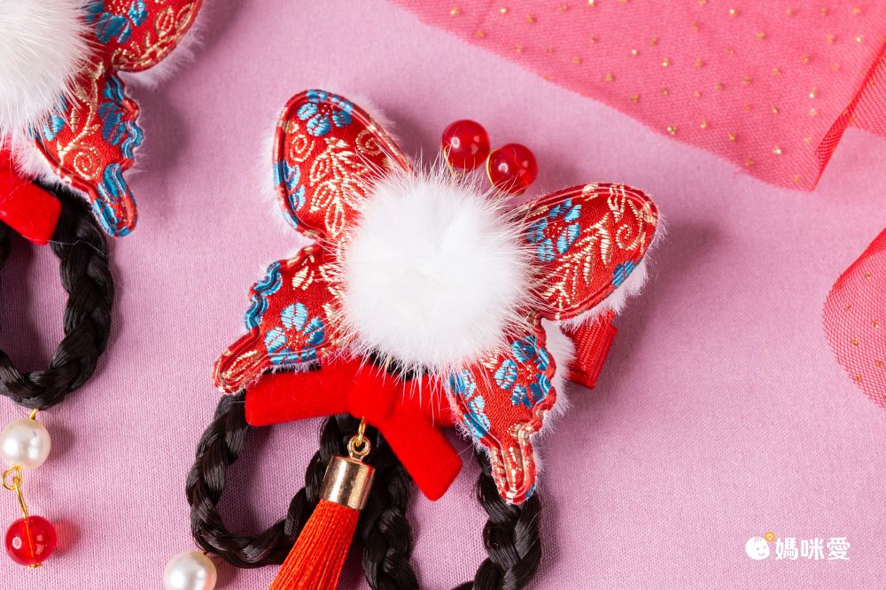 兔年喜氣洋洋拜年兒童髮飾-蝴蝶結+小金兔-紅色
