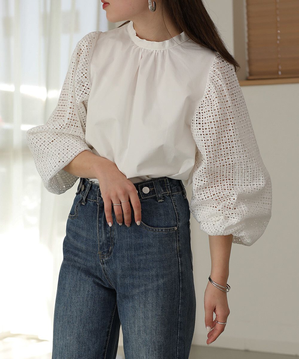 日本 Bab - 棉質立領雕花泡泡袖上衣-氣質米
