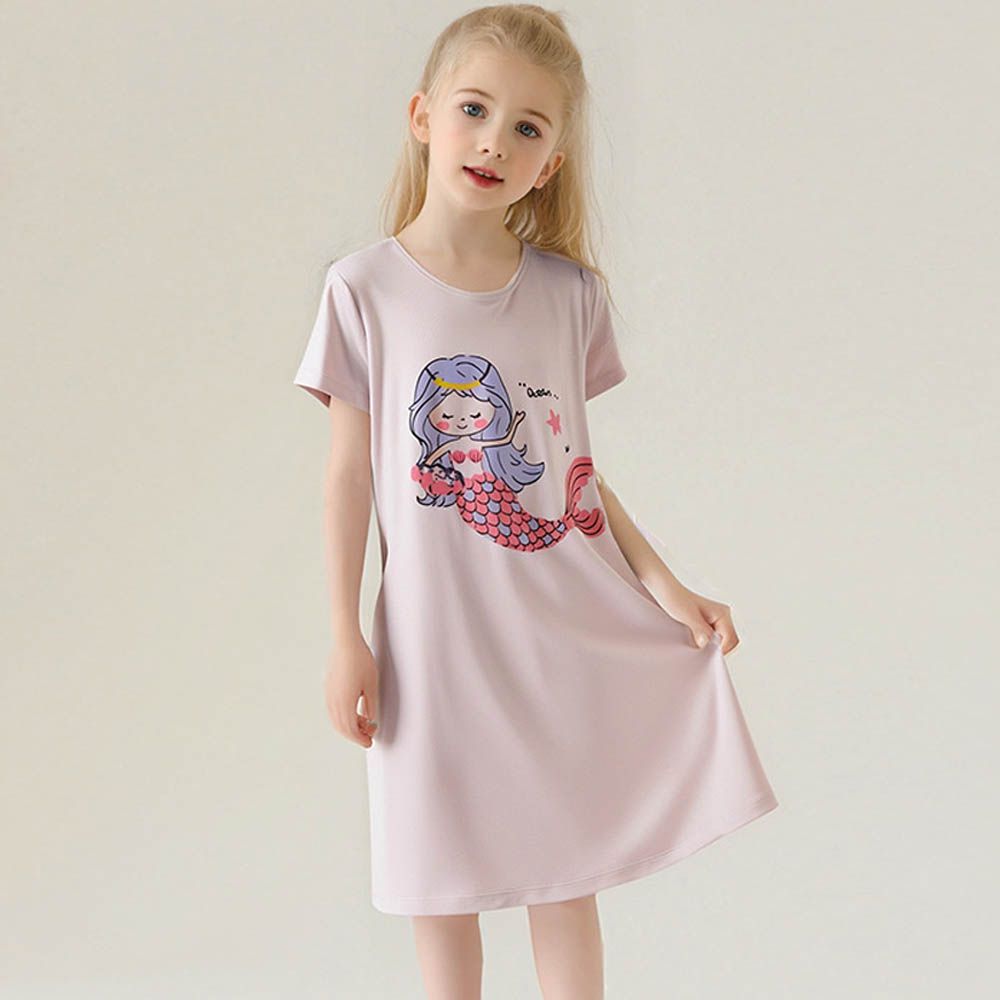 涼感莫代爾短袖連身睡裙/家居服-美人魚-紫色