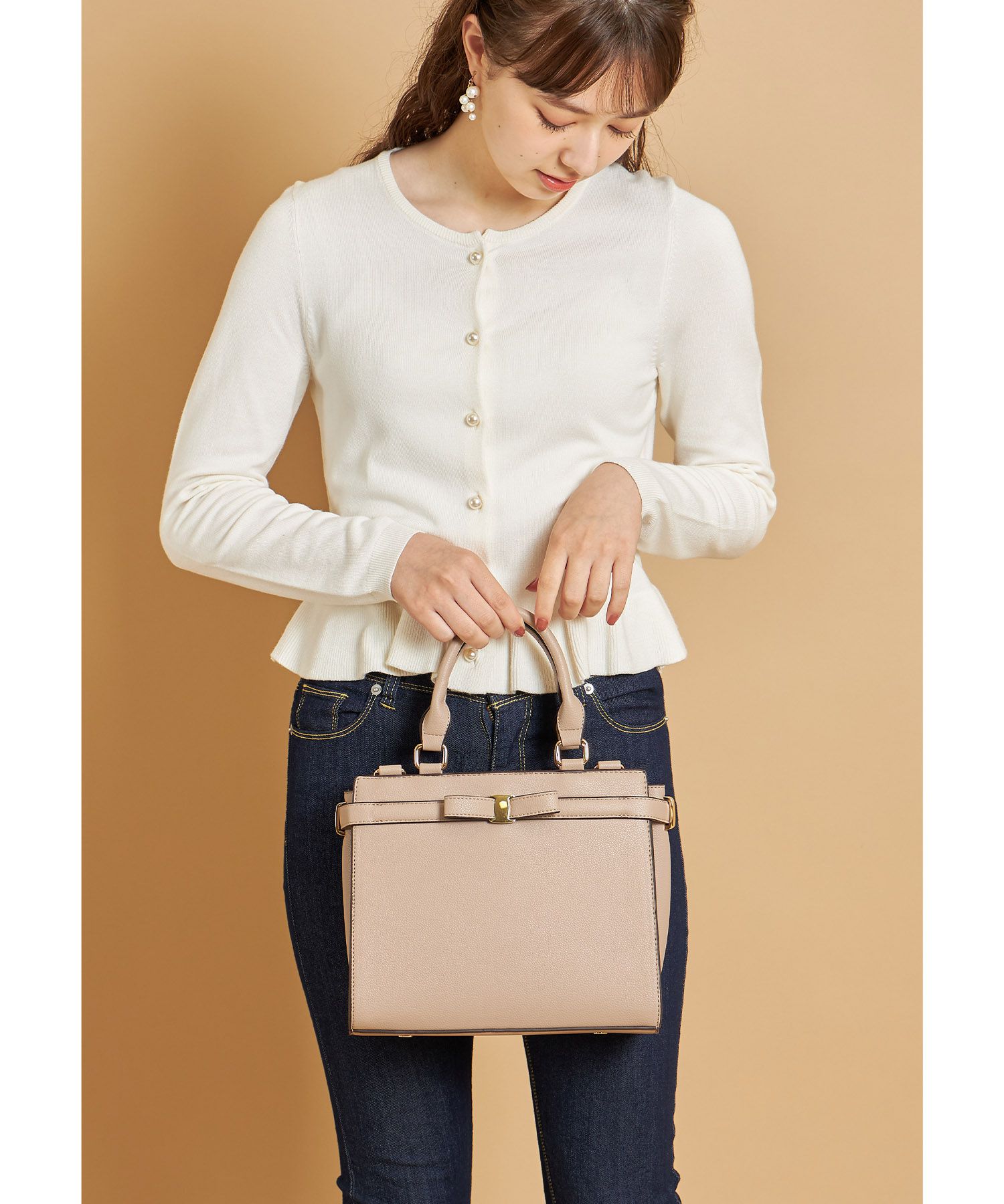 日本 tocco-closet - 蝴蝶結金釦手提包/側背包-氣質杏