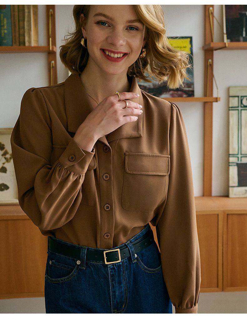 復古棉質口袋長袖襯衫-焦糖色