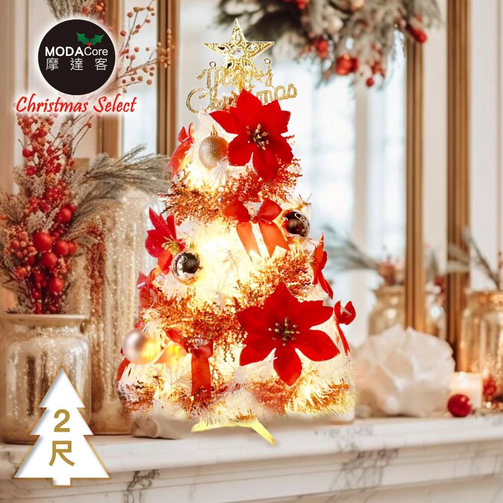 台灣製2尺(60cm)精緻白色聖誕樹+熱情西班牙聖誕花紅金系飾品組+50燈LED燈串暖白光-USB電池盒兩用充電/本島免運費MIT歐美外銷款