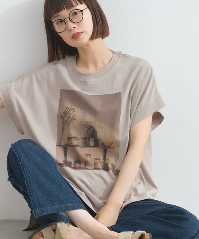 日本 Lupilien - 16支天竺棉 療癒印花法式袖上衣-貓咪的房間-白