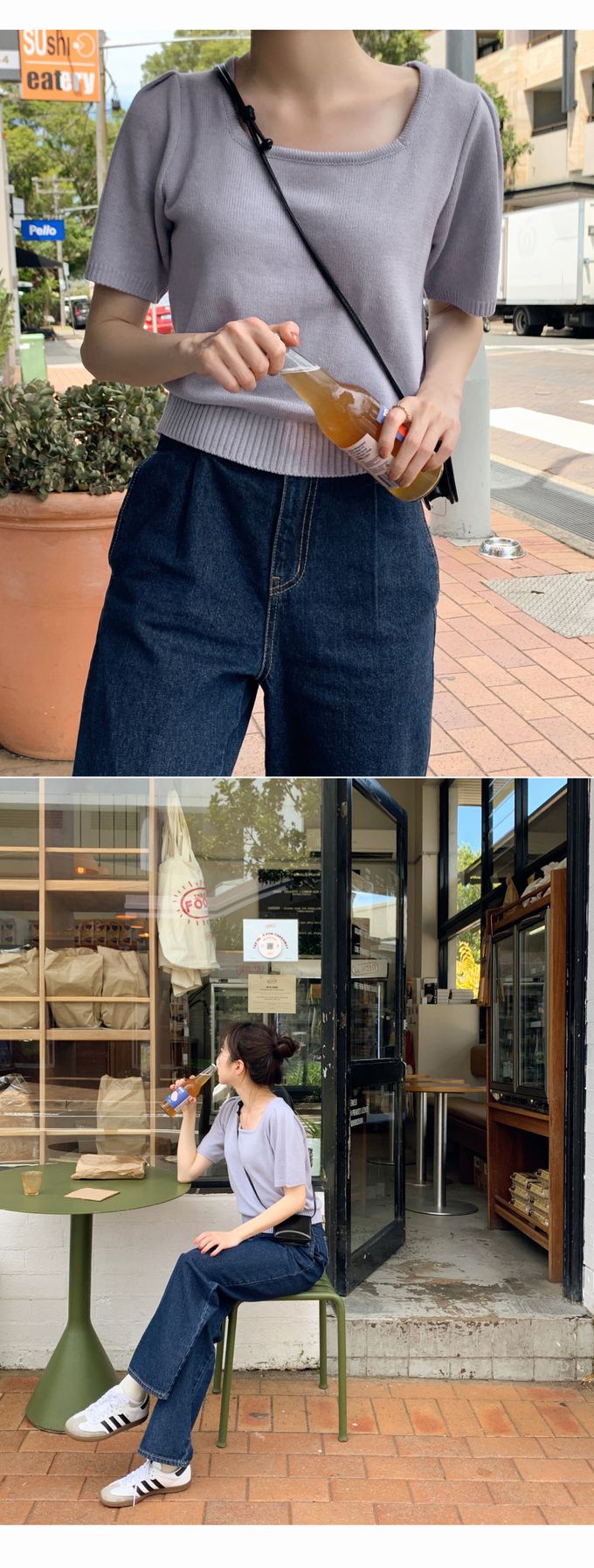 韓國 98doci - 氣質方領針織短袖上衣-薰衣草紫