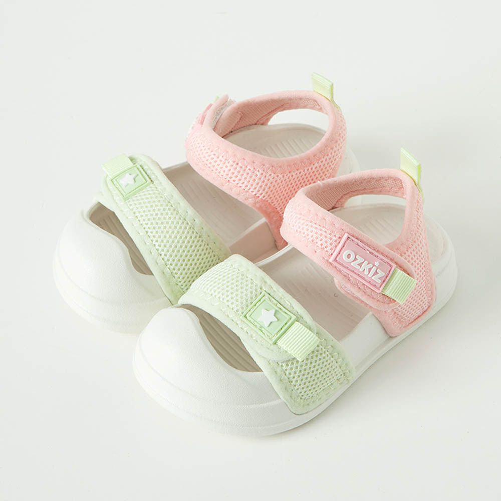 網眼透氣腳趾保護輕量涼鞋-淺綠X淺粉