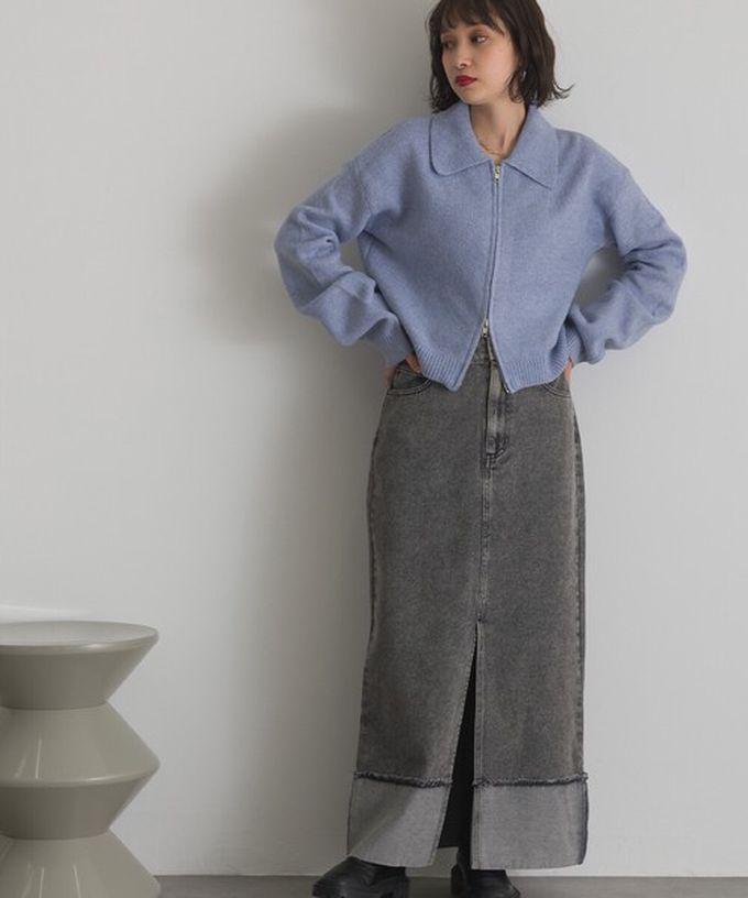 日本 ELENCARE DUE - 10oz抽鬚摺邊俐落前開叉牛仔長裙-海軍藍