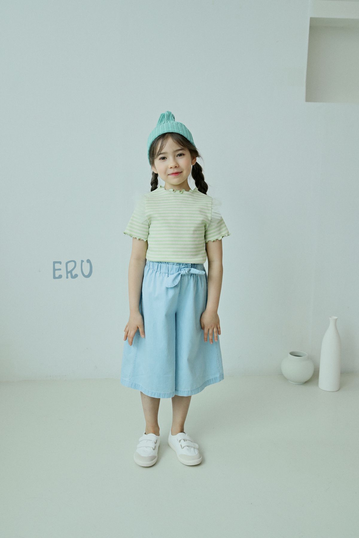 韓國 ERU - 網紗裝飾袖條紋T-紫