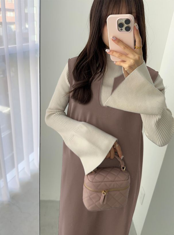 日本 GRL - 鑰匙領修身麂皮背心裙洋裝-黑