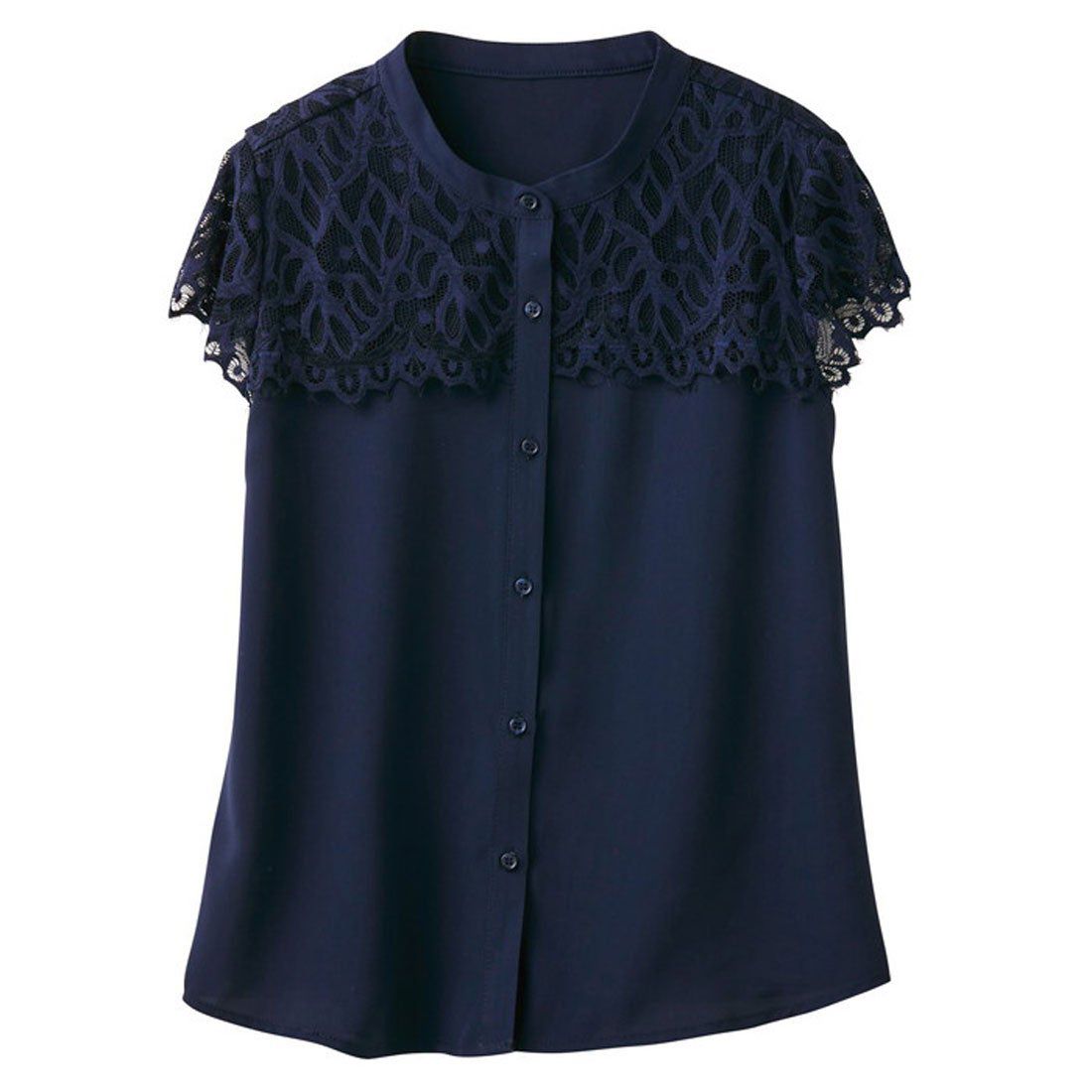 日本 BELLUNA - 精緻蕾絲拼接雪紡無袖襯衫-淺杏