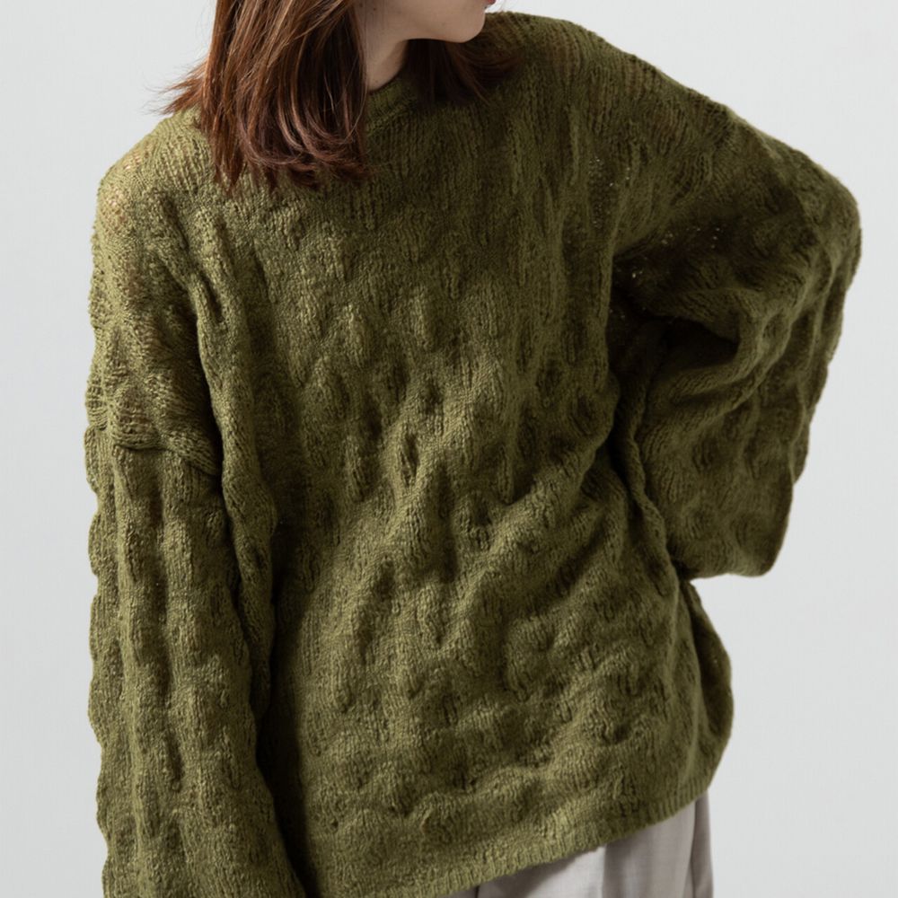 柔軟微透蓬鬆馬海毛針織上衣-軍綠