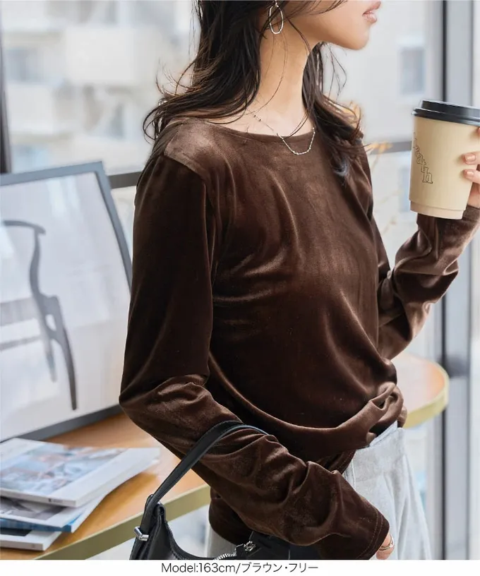 日本 Kobe Lettuce - 華麗天鵝絨露背合身長袖上衣-焦糖棕