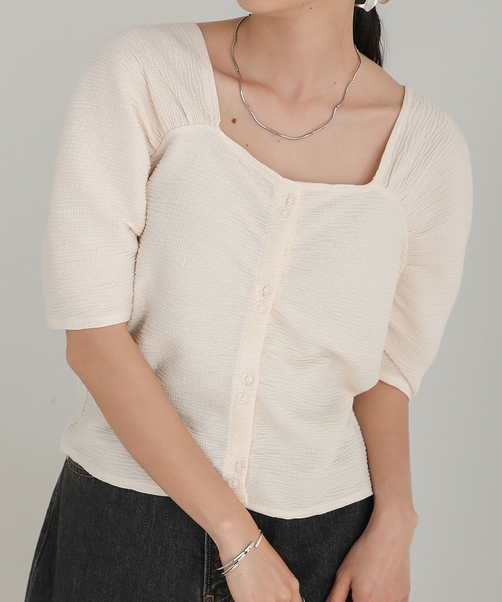 日本 Bab - 2WAY方領排扣五分袖上衣-米杏