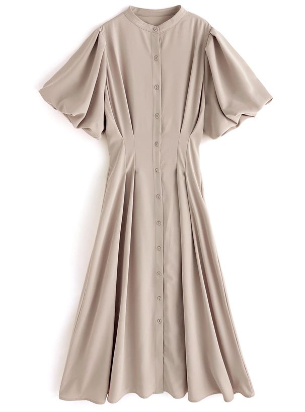 日本 GRL - 小立領收腰修身泡泡袖排扣洋裝-石墨灰