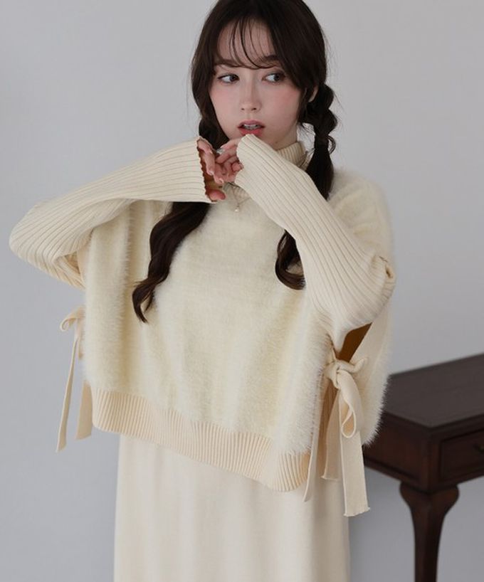 日本 BLUE EAST - 氣質薄針織背心長袖洋裝2件組-咖啡