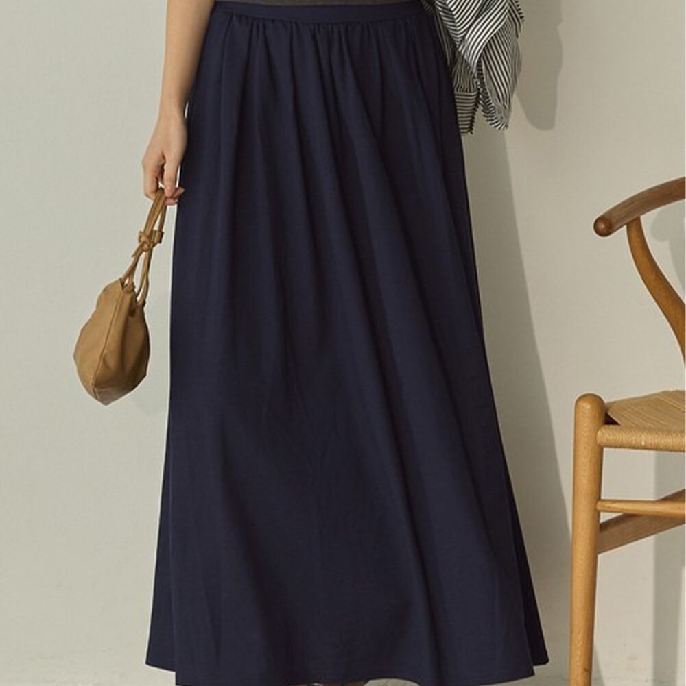 接觸涼感 透氣飄逸感打摺長裙(有口袋)-海軍藍
