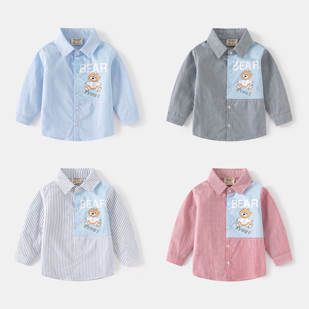 WELLKIDS - 童趣休閒條紋長袖襯衫-熊熊故事-紅色